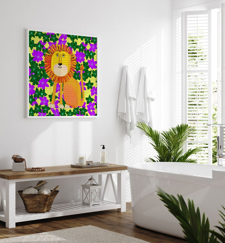 Lion in Flowers By Lynnda Rakos wall art prints in White Plain Frame  placed on a bathroom wall beside a bathtub