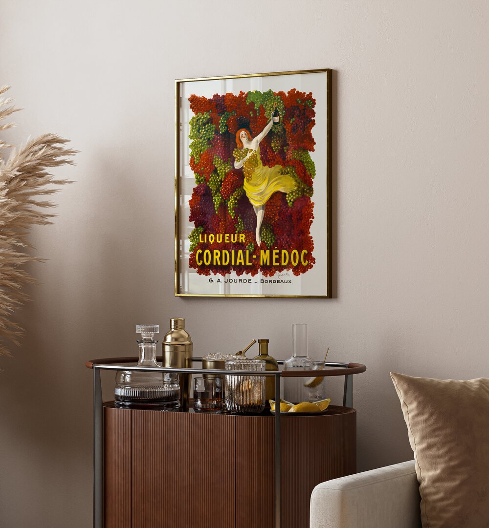 Liqueur Cordial-Medoc Cafe Art Prints Cafe Posters in Gold Plain Frame placed on a wall behind a table