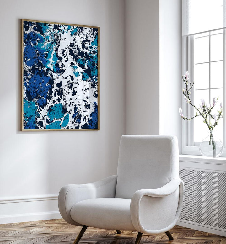 Liquid Patience By Uma Gokhale Art Prints in Oak Wood Plain Frame on white wall beside a window