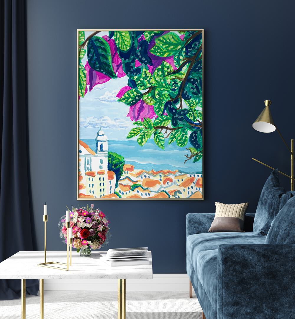 Lisbon By Key And Sea Creative Travel Art Print in Gold plain frame beside a blue sofa for living room