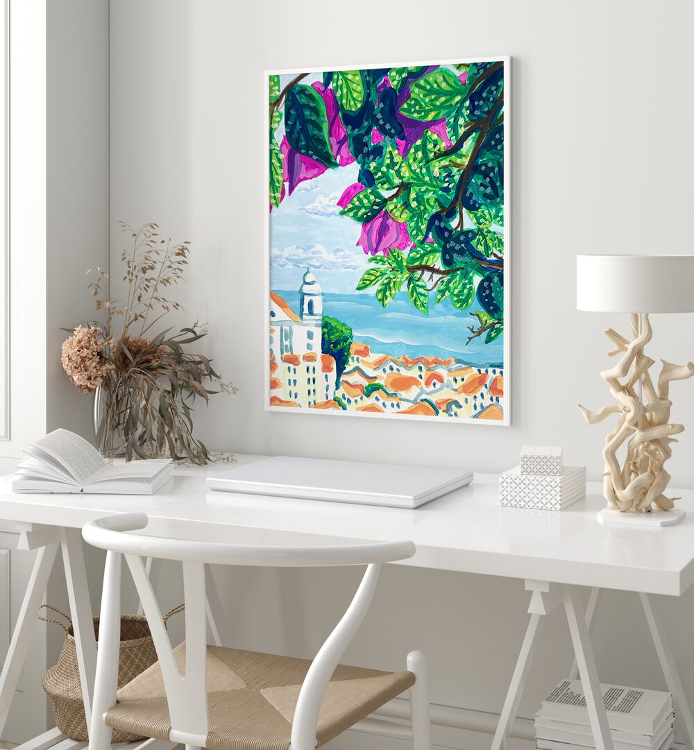 Lisbon By Key And Sea Creative Travel Art Print in White Plain Frame above a study table on a white wall