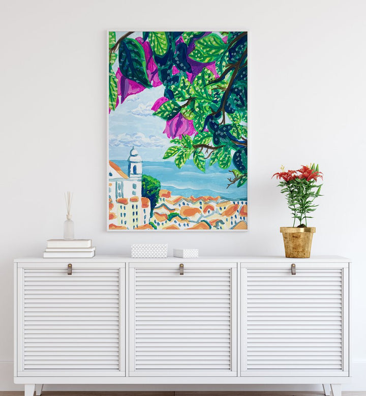 Lisbon By Key And Sea Creative Travel Art Print in White Plain Frame above a white console table