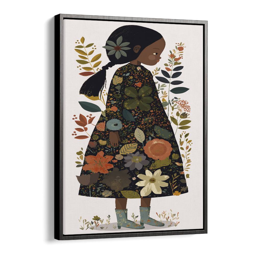 Little Flower Girl  Kids Paintings in Black Floater Frame