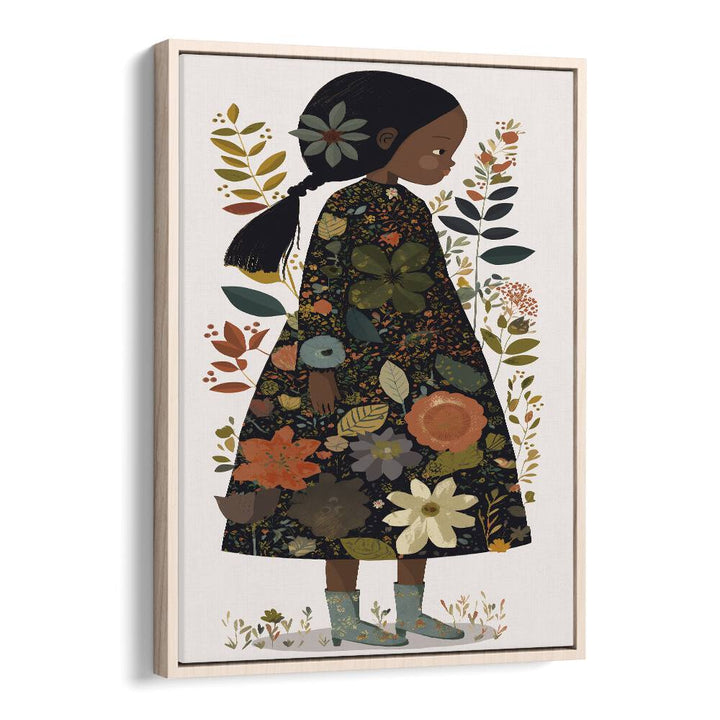 Little Flower Girl  Kids Paintings in Oak Wood Floater Frame