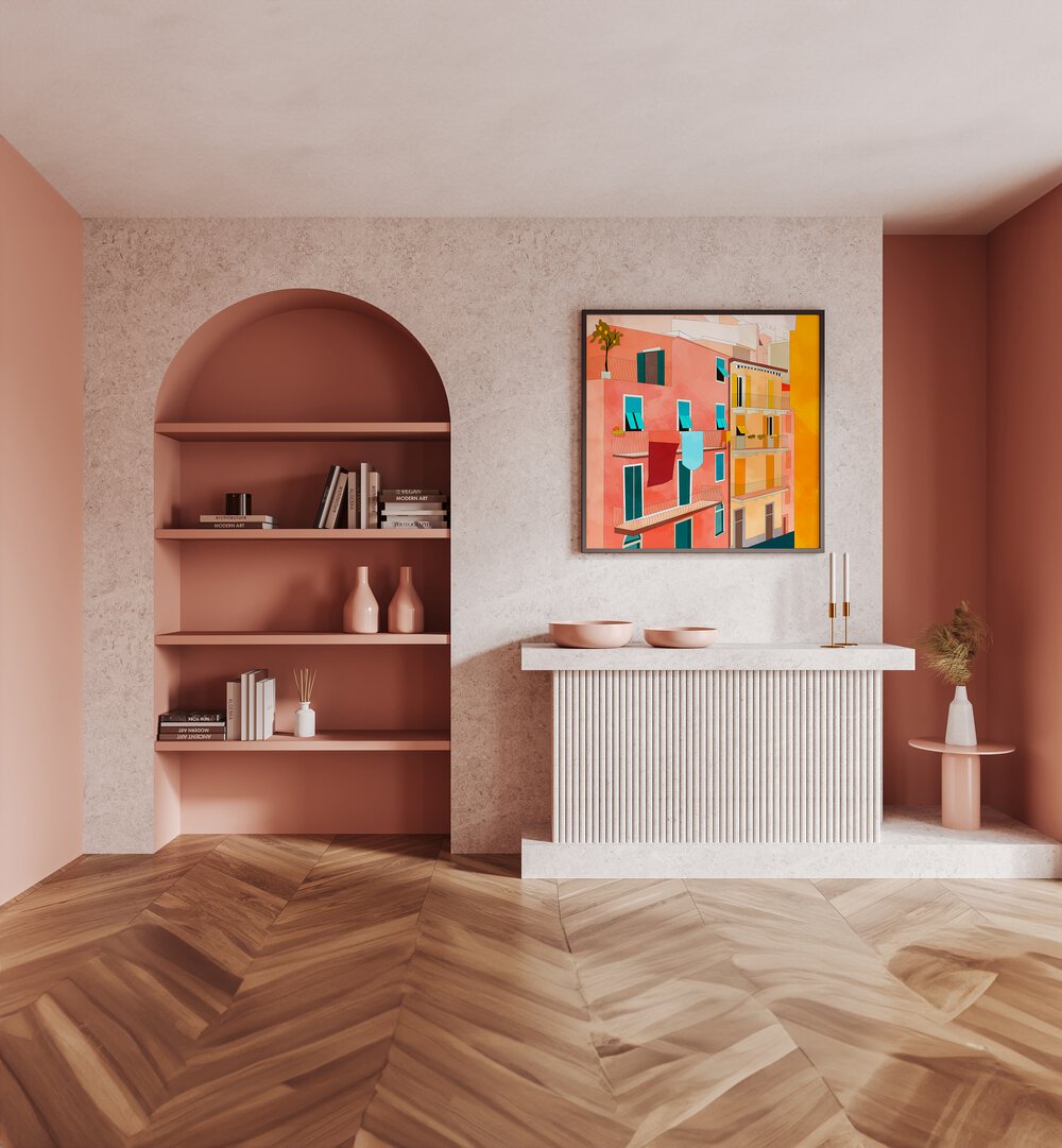 Little Italy Houses By Ana Rut Bre Landscape Art Prints in Black Plain Frame placed on a Pink Colored Wall above a Console Table in the Drawing Room