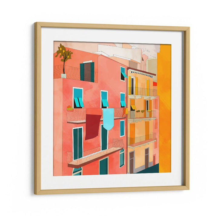 Little Italy Houses By Ana Rut Bre Landscape Art Prints in Oak Wood Frame With Mount