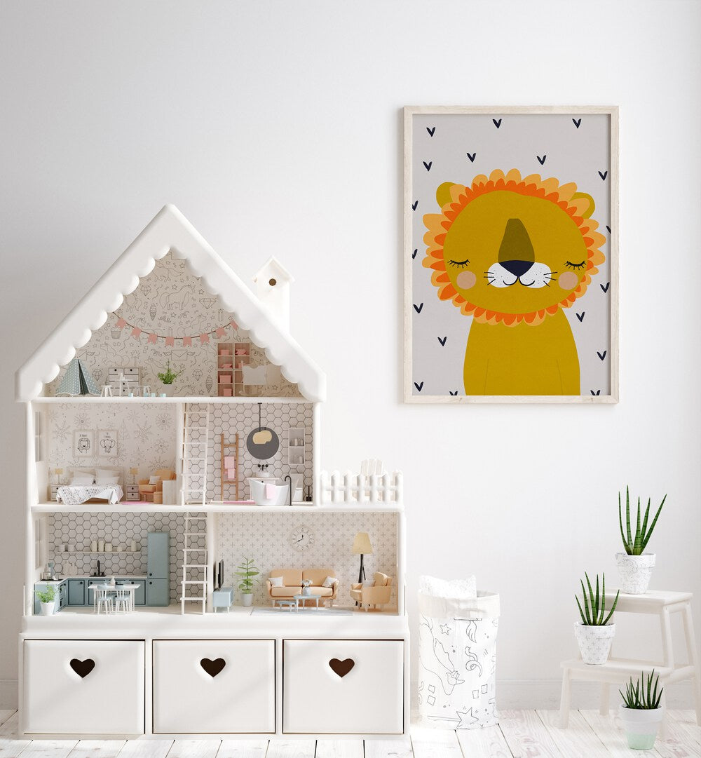 Little Lion By Treechild Kids Room Wallart in Oak Wood Plain Frame placed on a White Colored Wall in the Kids Room