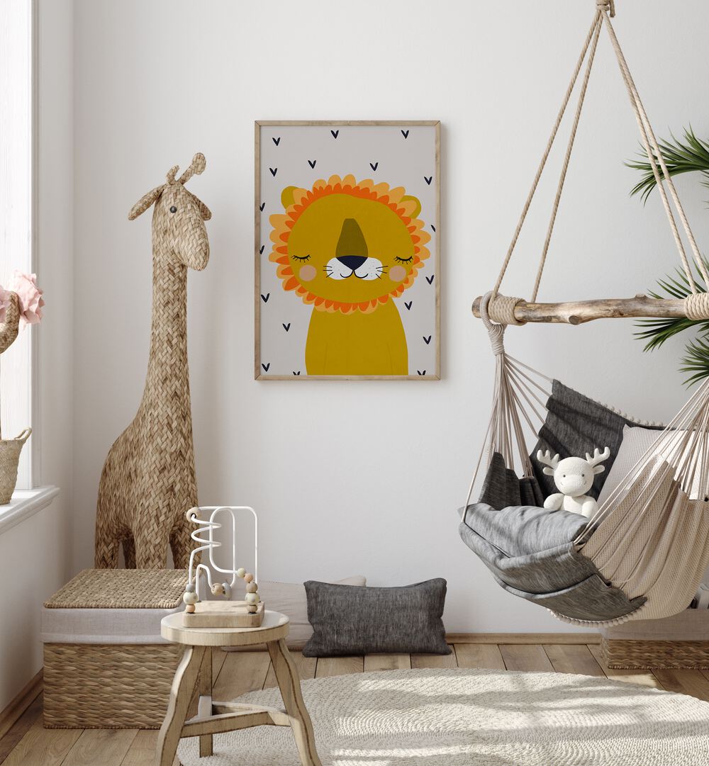 Little Lion By Treechild Kids Room Wallart in Oak Wood Plain Frame placed on a White Colored Wall in the Kids Room