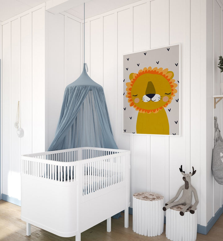 Little Lion By Treechild Kids Room Wallart in White Plain Frame placed on a White Colored Wall in the Kids Room