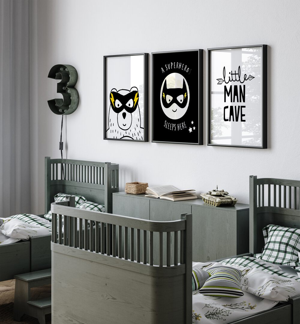 Little Man Cave Set Of 3 Paintings in Black Plain Frame placed behind kids bed in kids room