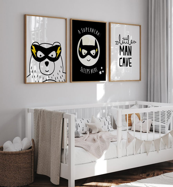 Little Man Cave Set Of 3 Paintings in Oak Wood Plain Frame placed behind kids bed for kids room