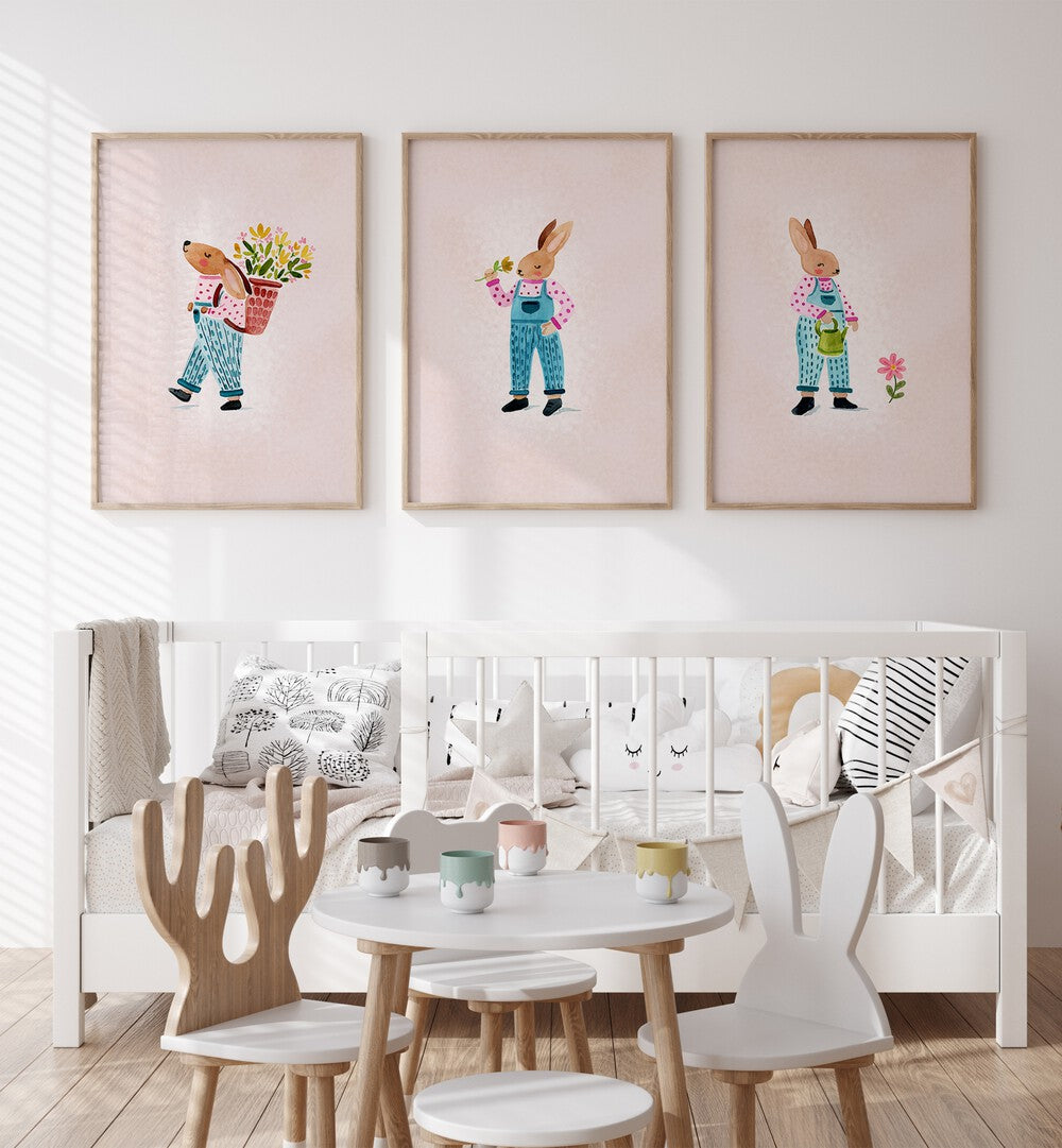 Brighten your child's space with the LITTLE GARDENERS SET, SET OF 3 PAINTINGS showcasing playful, whimsical designs.
