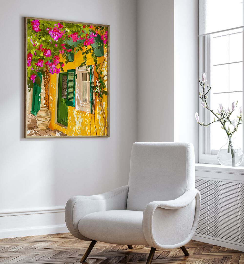 Living In The Sunshine By Uma Gokhale Animal Art Prints in Oak Wood Plain Frame on a white wall beside a window