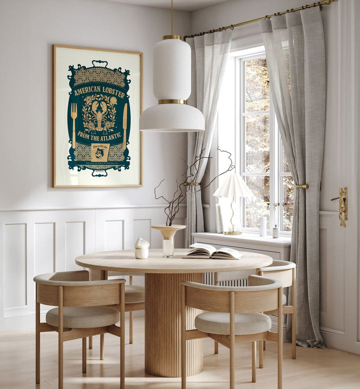 Lobster Baroque by Studio Mandariini Kitchen Posters Kitchen Art Prints in Oak Wood Plain Frame placed on a wall in a dining room area beside a window and behind a dining table