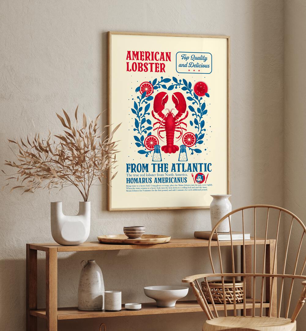 Lobster Kitchen Print by Studio Mandariini Kitchen Posters Kitchen Art Prints in Oak Wood Plain Frame placed on a wall behind a table