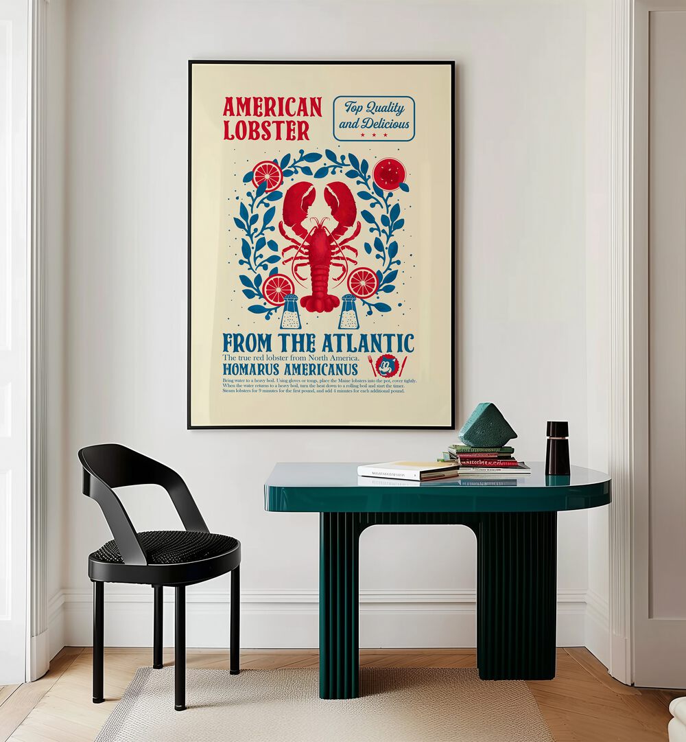 Lobster Kitchen Print by Studio Mandariini Kitchen Posters Kitchen Art Prints in Black Plain Frame placed on a wall behind a study table