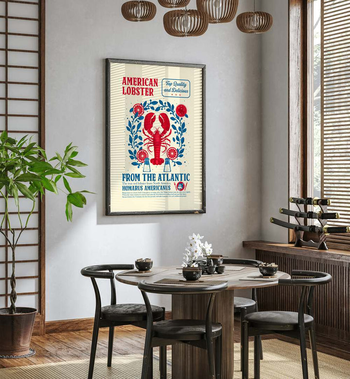 Lobster Kitchen Print by Studio Mandariini Kitchen Posters Kitchen Art Prints in Black Plain Frame placed on a wall in a dining room area beside a window and behind a dining table