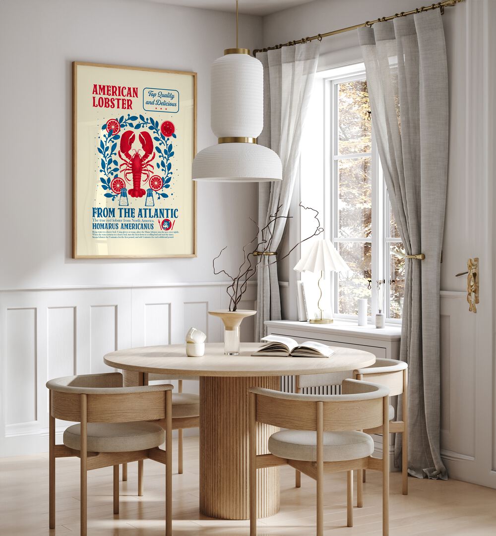 Lobster Kitchen Print by Studio Mandariini Kitchen Posters Kitchen Art Prints in Oak Wood Plain Frame placed on a wall in a dining room area beside a window and behind a dining table