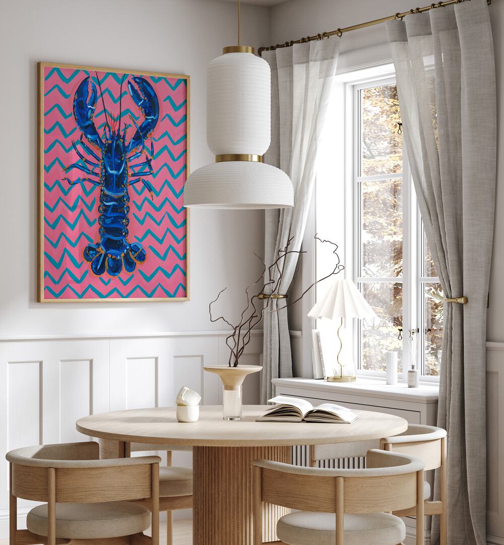 Lobster on Zigzag by Alice Straker Cafe Art Prints Cafe Posters in Oak Wood Plain Frame placed on a wall in a dining room area beside a window and behind a dining table