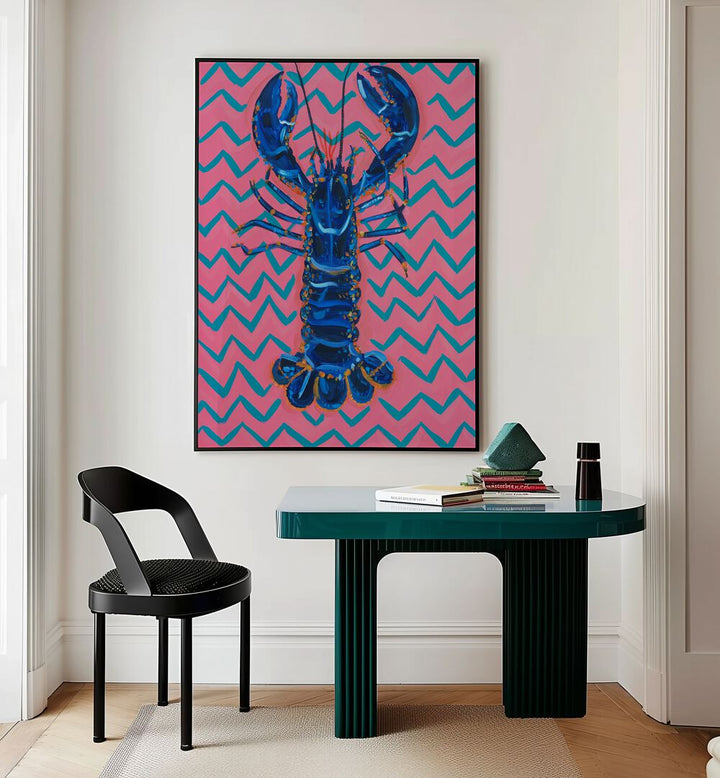 Lobster on Zigzag by Alice Straker Cafe Art Prints Cafe Posters in Black Plain Frame placed on a wall behind a study table