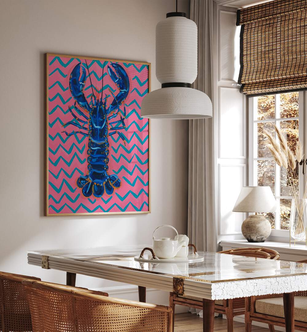 Lobster on Zigzag by Alice Straker Cafe Art Prints Cafe Posters in Oak Wood Plain Frame placed on a wall in a dining room area beside a window and behind a dining table