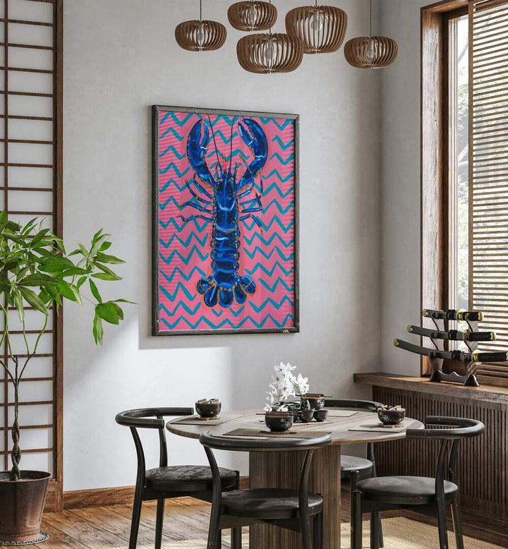 Lobster on Zigzag by Alice Straker Cafe Art Prints Cafe Posters in Black Plain Frame placed on a wall in a dining room area beside a window and behind a dining table