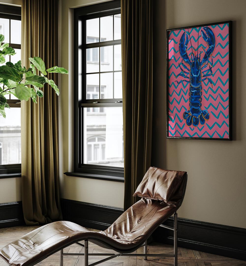 Lobster on Zigzag by Alice Straker Cafe Art Prints Cafe Posters in Black Plain Frame placed on a living room wall behind a chair and beside a window