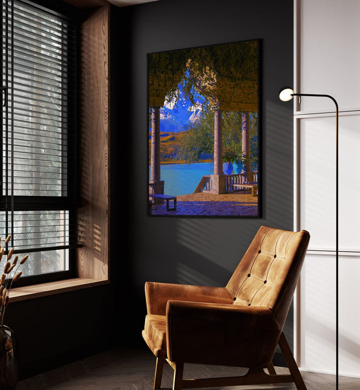 Lodge By Cosmo Zach Surreal Art Prints Surrealism in Black Plain Frame placed on a wall between a sofa and window