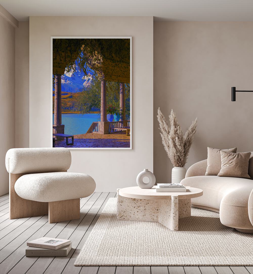 Lodge By Cosmo Zach Surreal Art Prints Surrealism in White Plain Frame placed on a wall behind a sofa