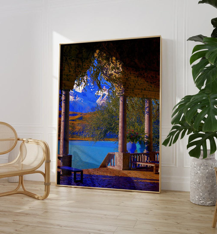 Lodge By Cosmo Zach Surreal Art Prints Surrealism in Oak Wood Plain Frame placed on the floor between a chair and plant