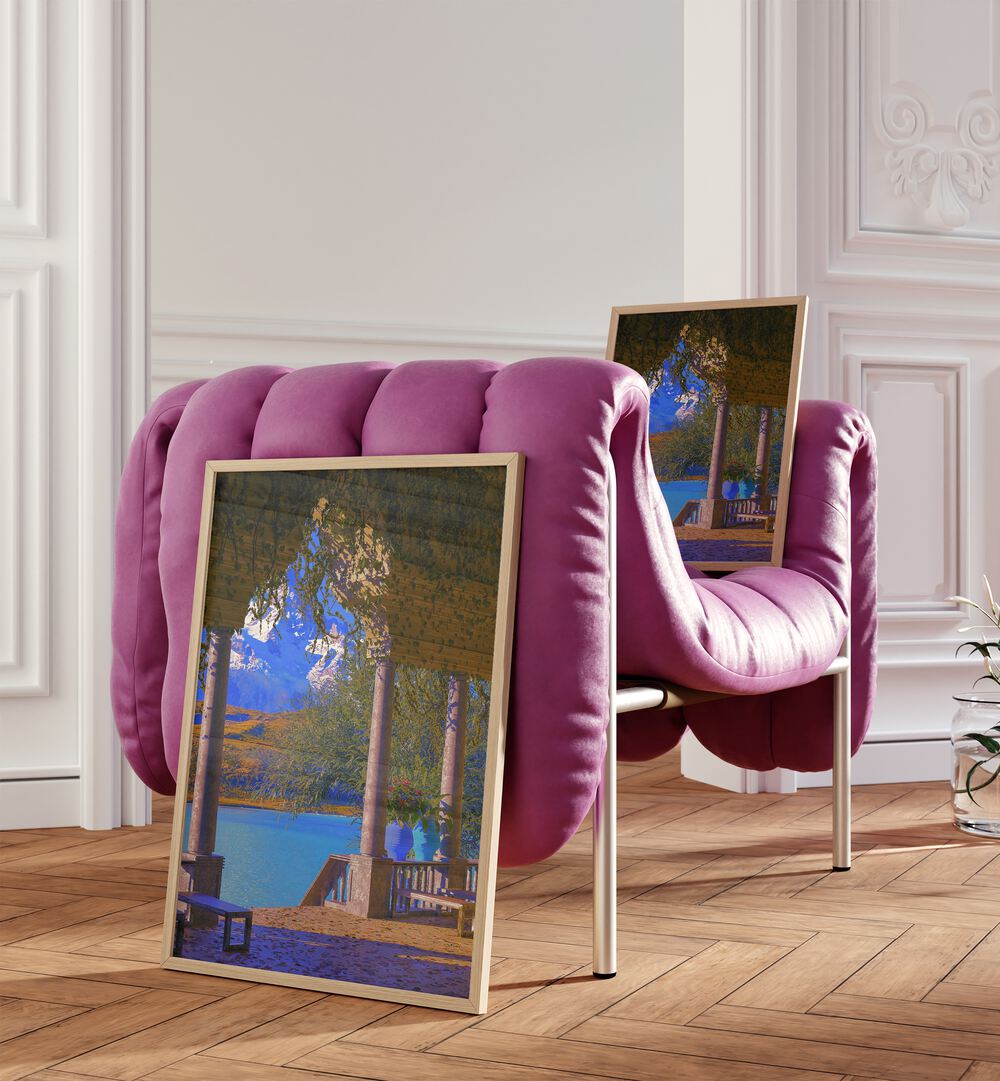 Lodge By Cosmo Zach Surreal Art Prints Surrealism in Oak Wood Plain Frame placed on the floor beside a pink sofa and on sofa