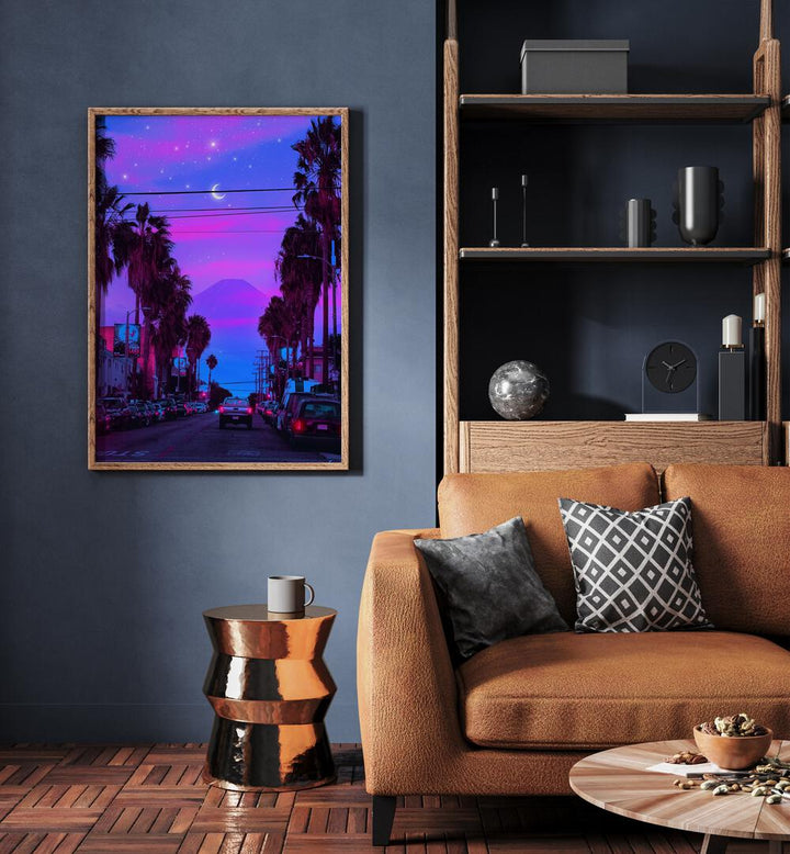 Lofi Cali By Ritvik Takkar Surrealism in Oak Wood Plain Frame placed on a Blue Colored Wall near a Brown Sofa in the Living Room