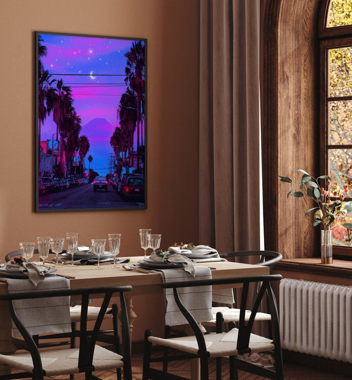 Lofi Cali By Ritvik Takkar Surrealism in Black Plain Frame placed on a Brown Colored Wall near a Dining Table in the Dining Room