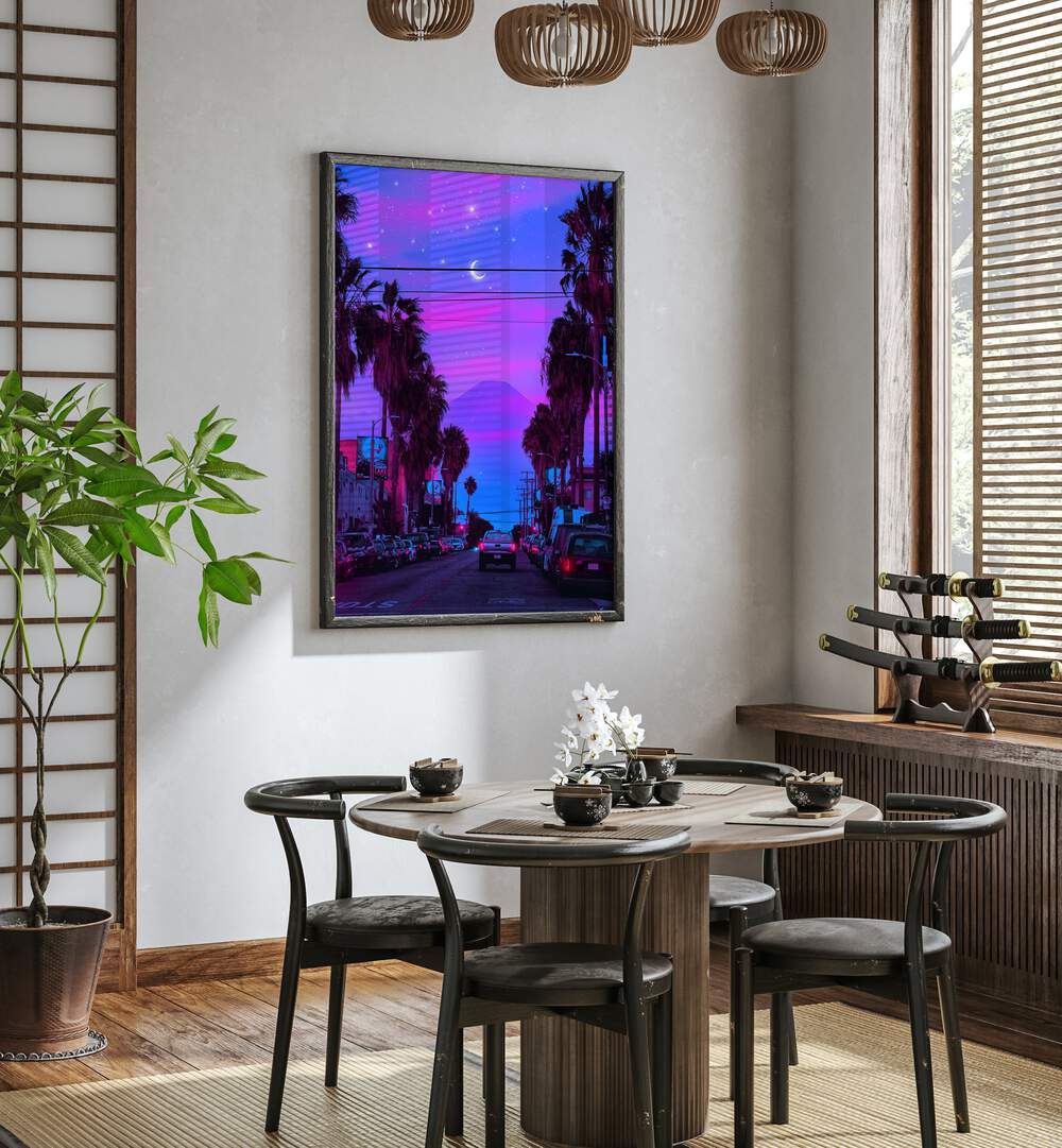 Lofi Cali By Ritvik Takkar Surrealism in Black Plain Frame placed on a White Colored Wall near a Dining Table in the Dining Room
