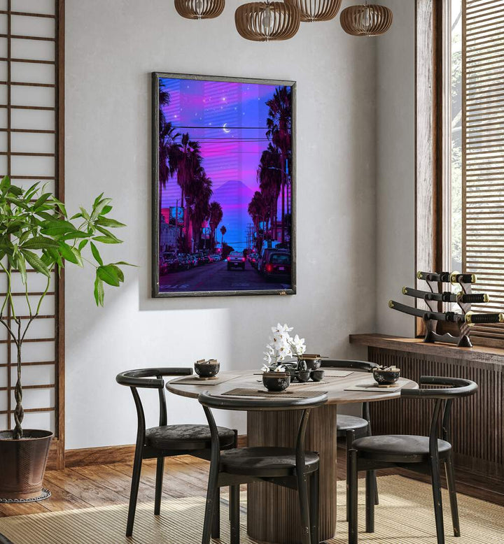 Lofi Cali By Ritvik Takkar Surrealism in Black Plain Frame placed on a White Colored Wall near a Dining Table in the Dining Room