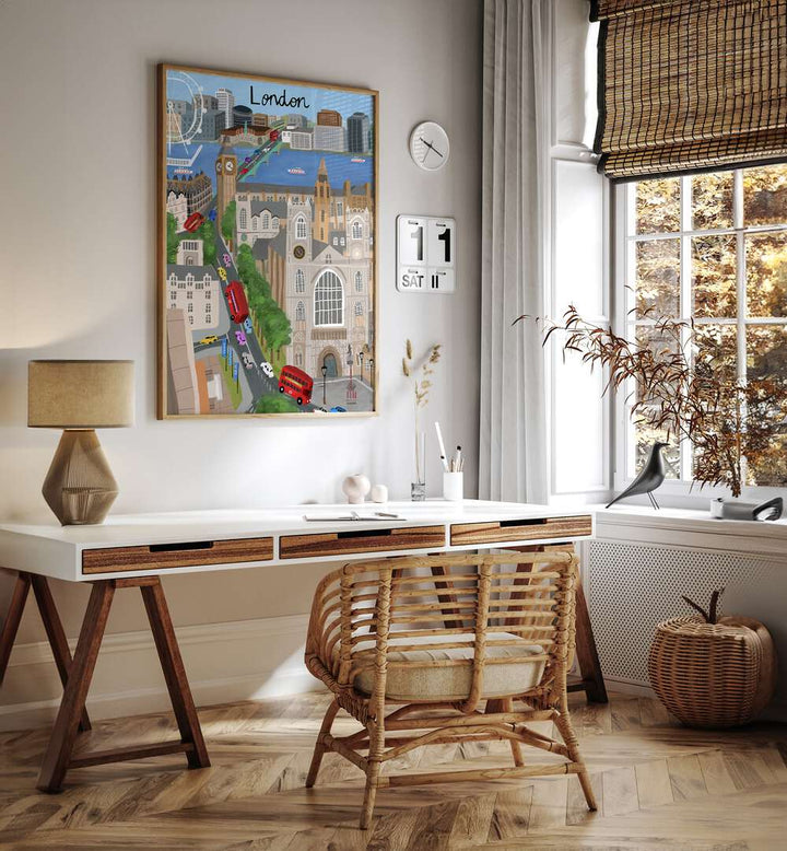 London City With View of the Thames River and Big Ben by Carla Daly Travel Posters in Oak Wood Plain Frame placed on a wall behind a study table and beside a window