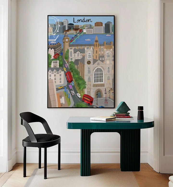 London City With View of the Thames River and Big Ben by Carla Daly Travel Posters in Black Plain Frame placed on a wall behind a study table