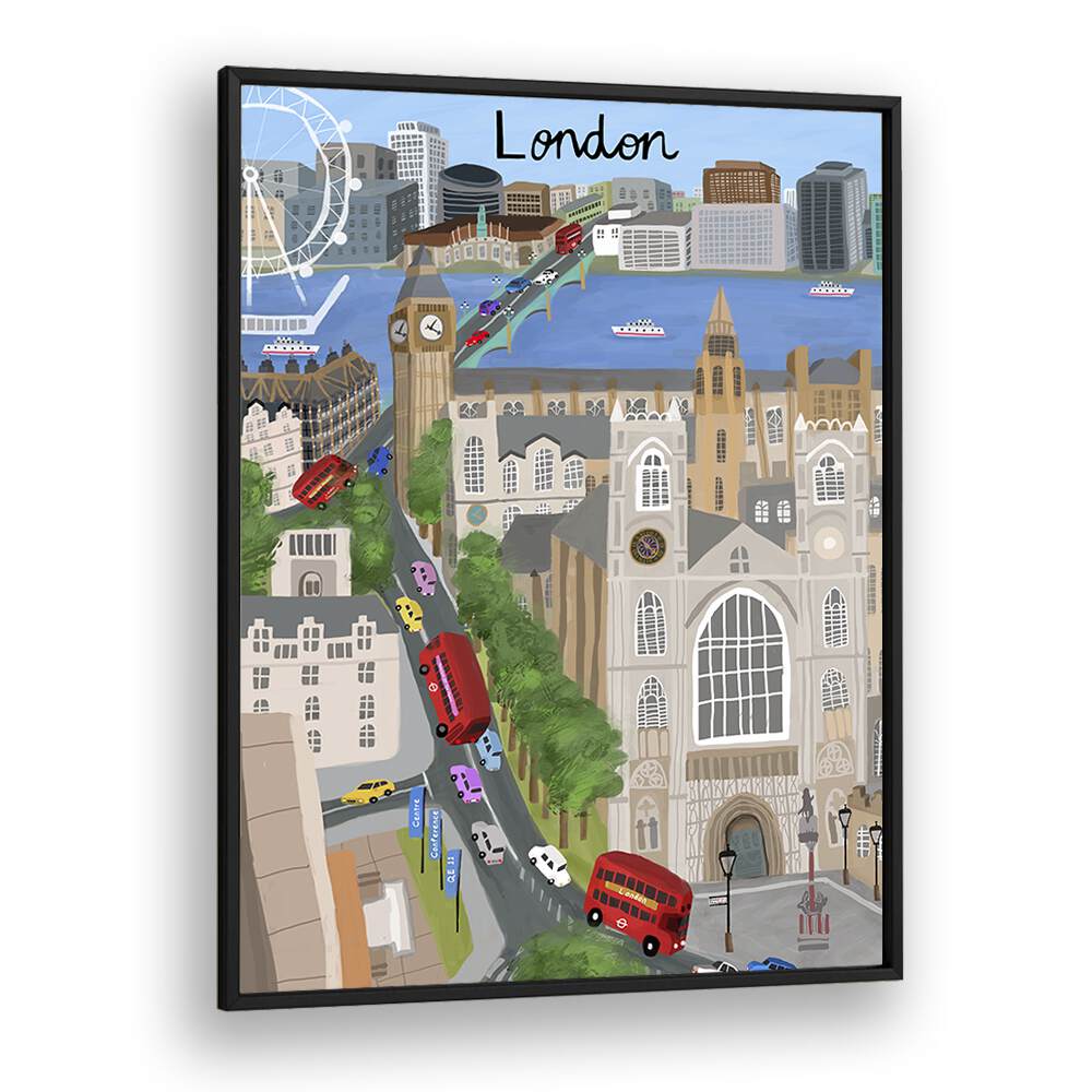 London City With View of the Thames River and Big Ben by Carla Daly Travel Posters in Black Plain Frame