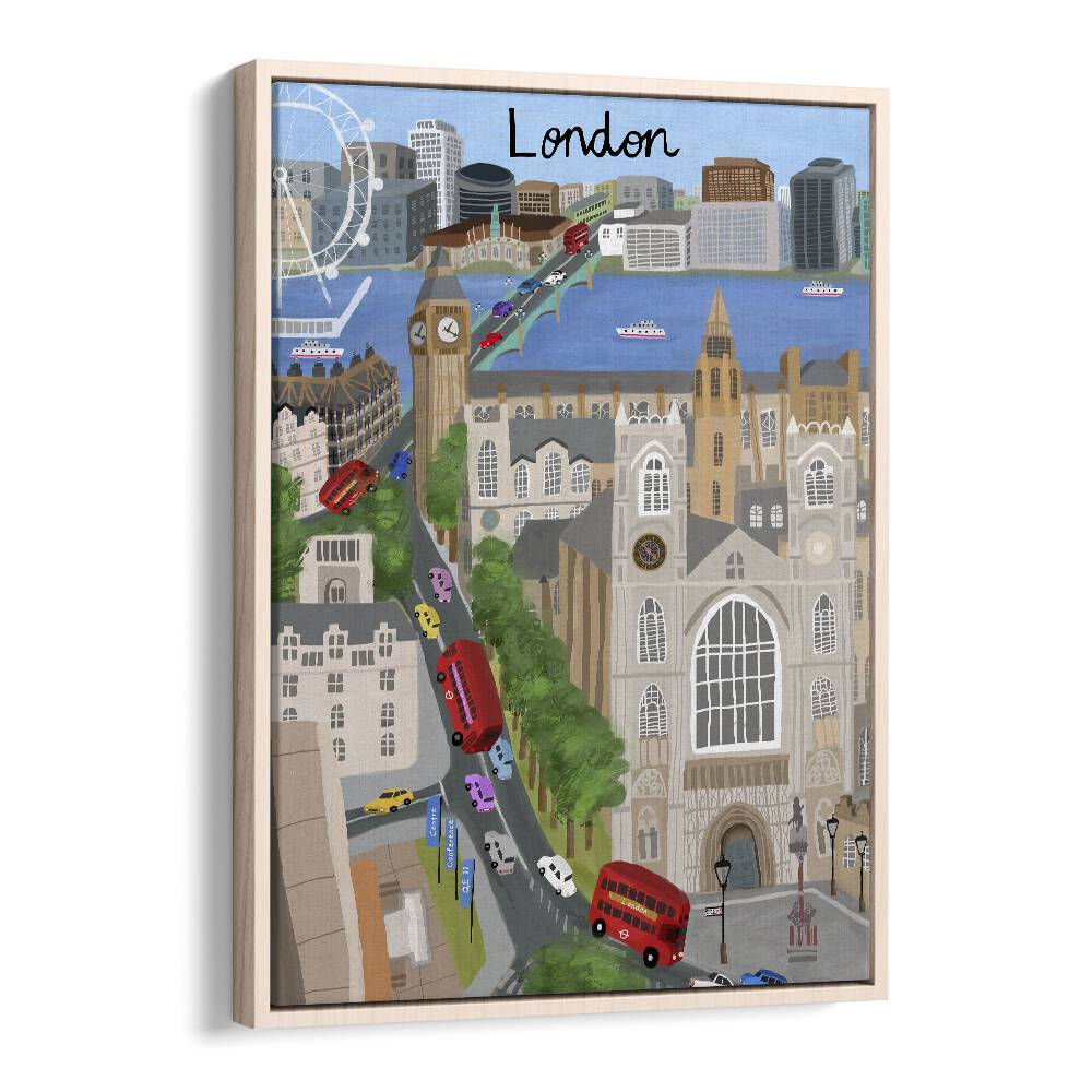 London City With View of the Thames River and Big Ben by Carla Daly Travel Posters in Oak Wood Floater Frame