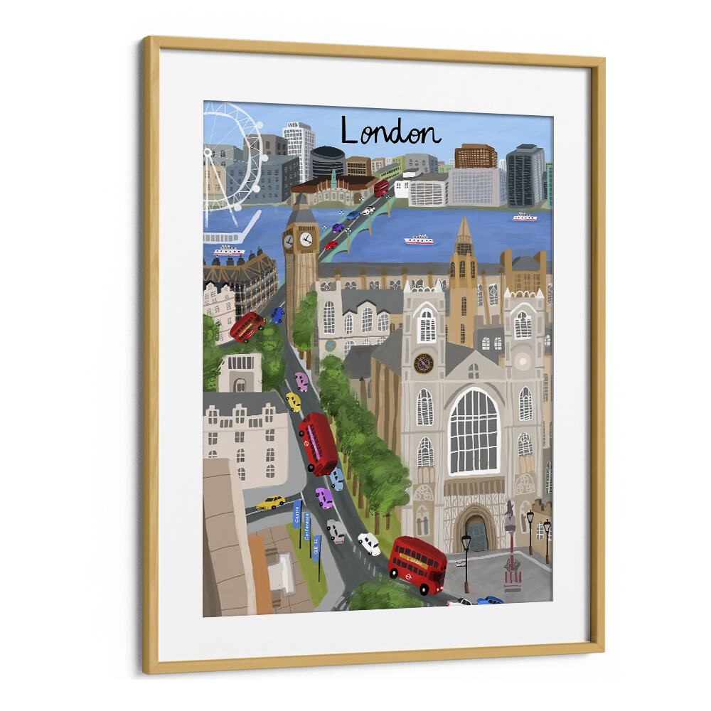 London City With View of the Thames River and Big Ben by Carla Daly Travel Posters in Oak Wood Frame With Mount