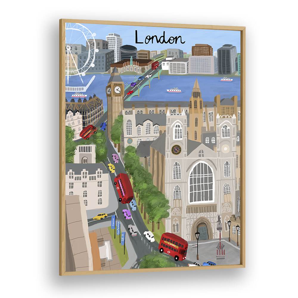 London City With View of the Thames River and Big Ben by Carla Daly Travel Posters in Oak Wood Plain Frame