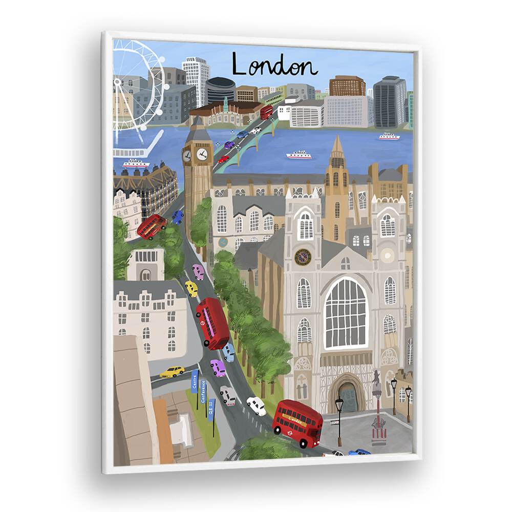 London City With View of the Thames River and Big Ben by Carla Daly Travel Posters in White Plain Frame