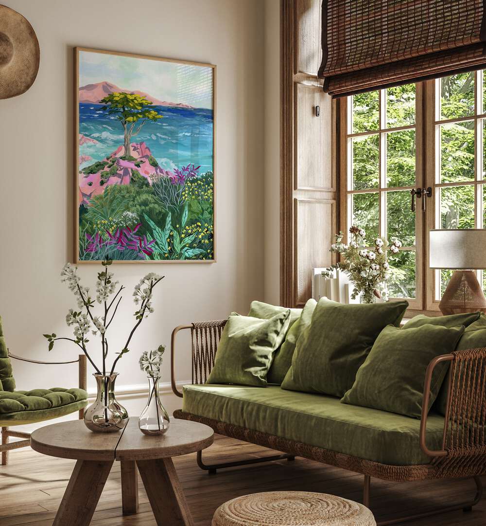 Lone Cypress By Sarah Gesek Landscape Art Prints in Oak Wood Plain Frame placed on a living room wall beside a window and a sofa