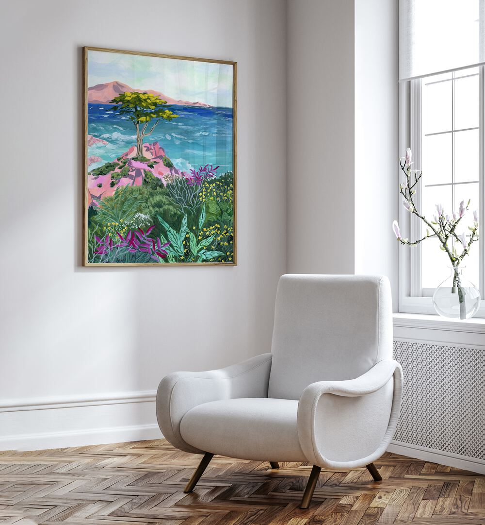 Lone Cypress By Sarah Gesek Landscape Art Prints in Oak Wood Plain Frame placed on a white wall beside a sofa and a window