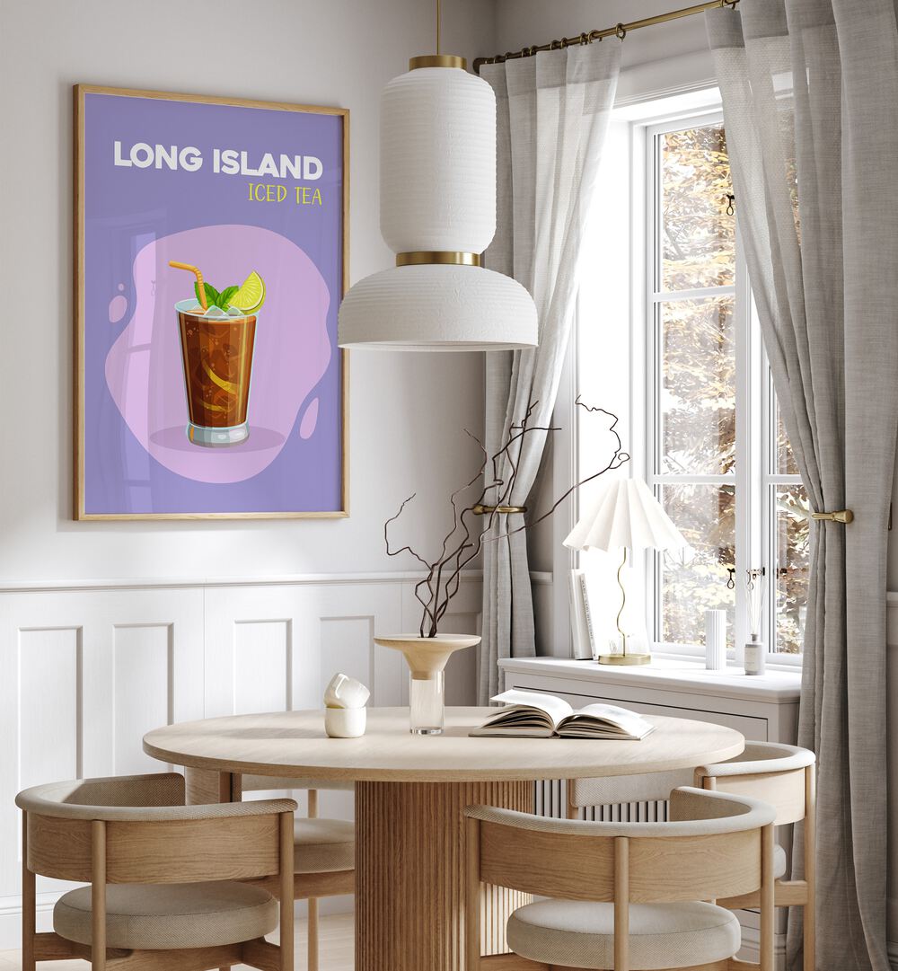 Long Island Iced Tea Cafe Art Prints Cafe Posters in Oak Wood Plain Frame placed on a wall in a dining room area beside a window and behind a dining table