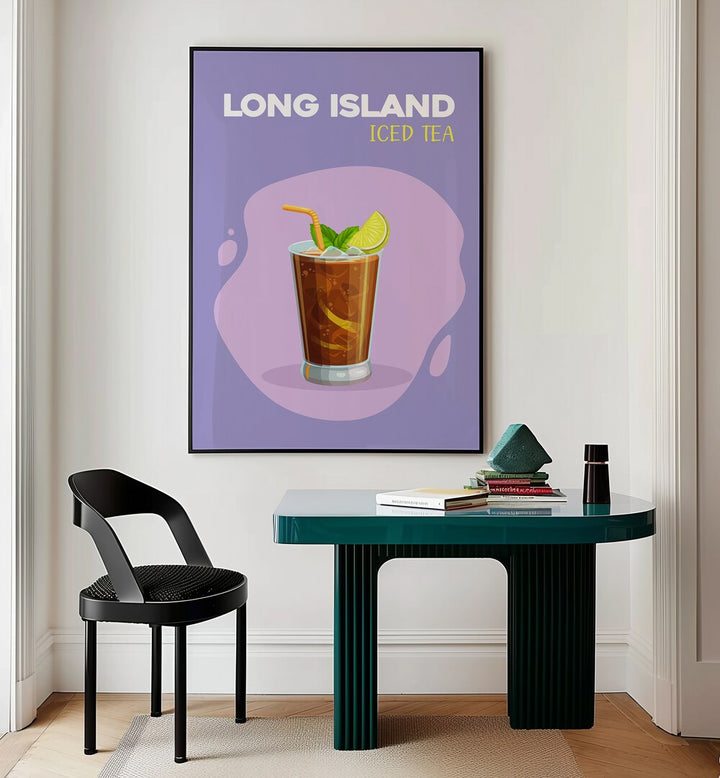 Long Island Iced Tea Cafe Art Prints Cafe Posters in Black Plain Frame placed on a wall behind a study table