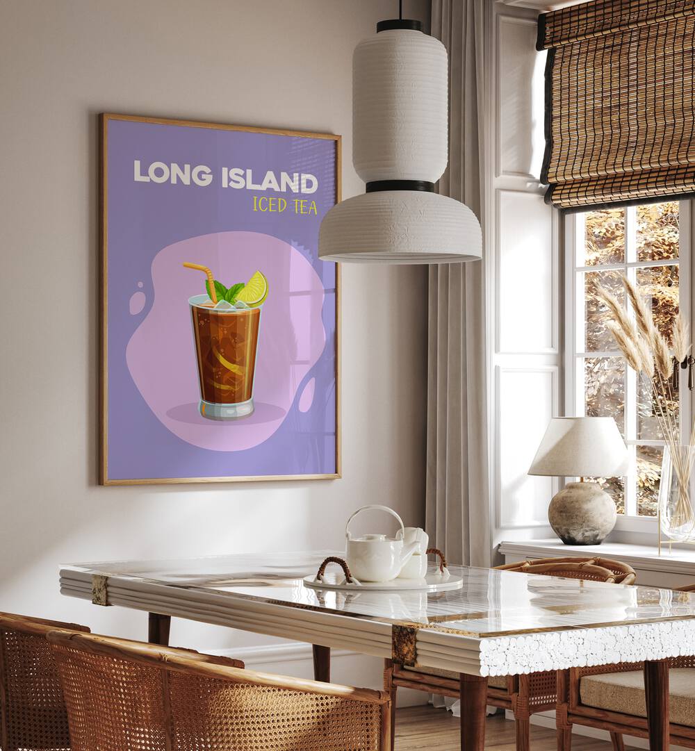 Long Island Iced Tea Cafe Art Prints Cafe Posters in Oak Wood Plain Frame placed on a wall in a dining room area beside a window and behind a dining table