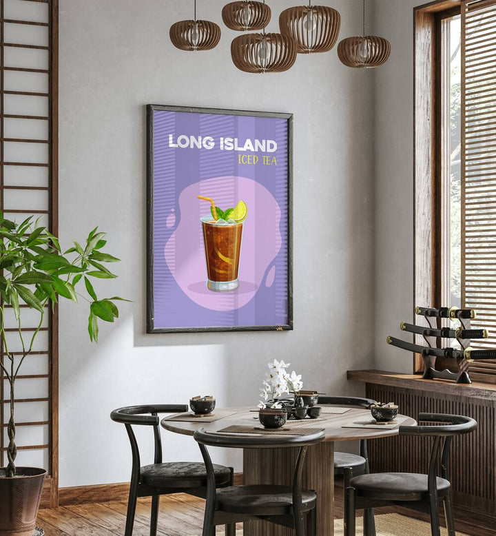 Long Island Iced Tea Cafe Art Prints Cafe Posters in Black Plain Frame placed on a wall in a dining room area beside a window and behind a dining table