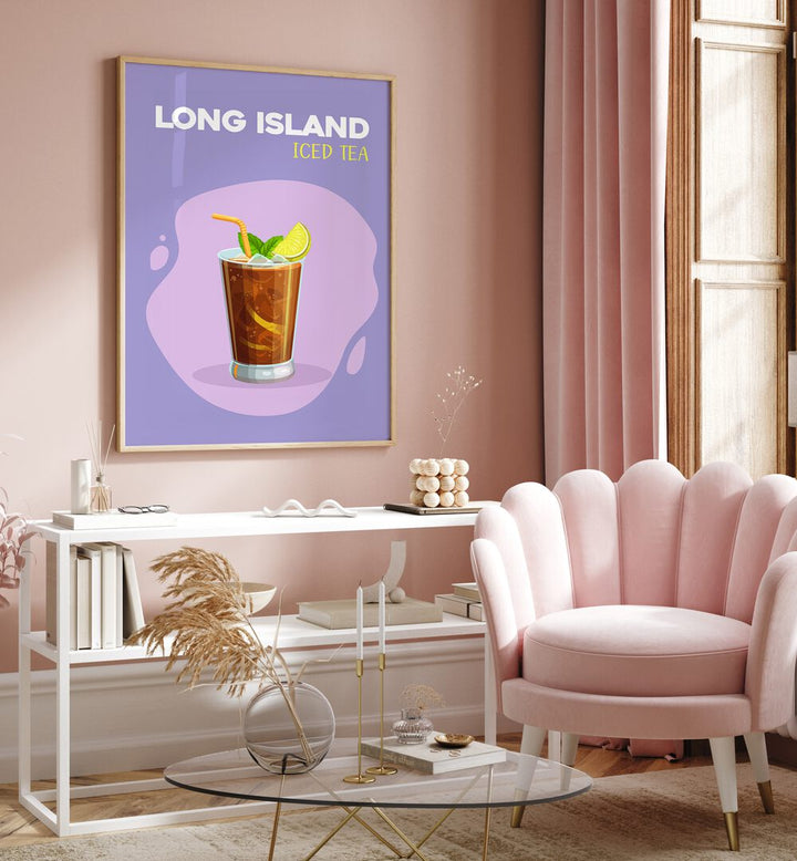 Long Island Iced Tea Cafe Art Prints Cafe Posters in Oak Wood Plain Frame placed on a wall behind a table