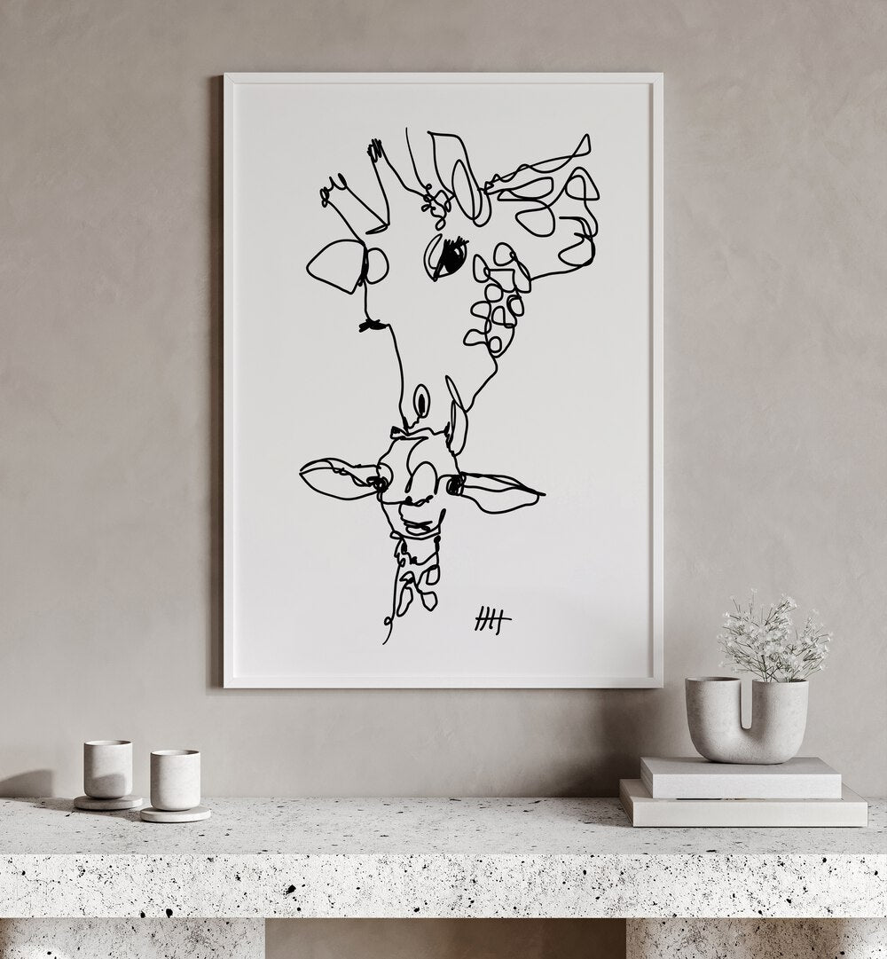 Long Necks Line by Hanna Lee Tidd Line Art Paintings Line Art Prints in White Plain Frame placed on a wall behind a table